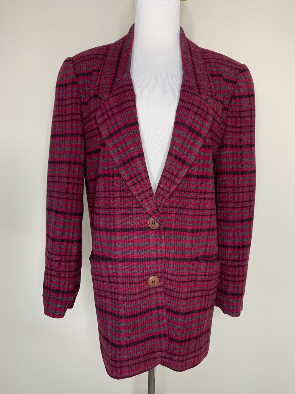 SK & Company Deep Pink Black Plaid Wool Blend Blazer Sz 10